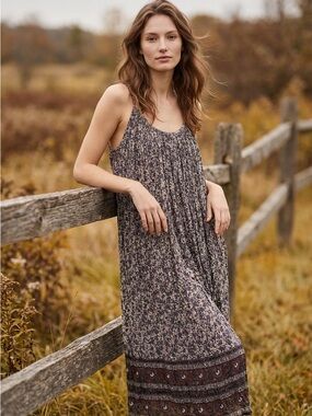 Vintage Neutral Floral Maxi Dress in Brown and Blue